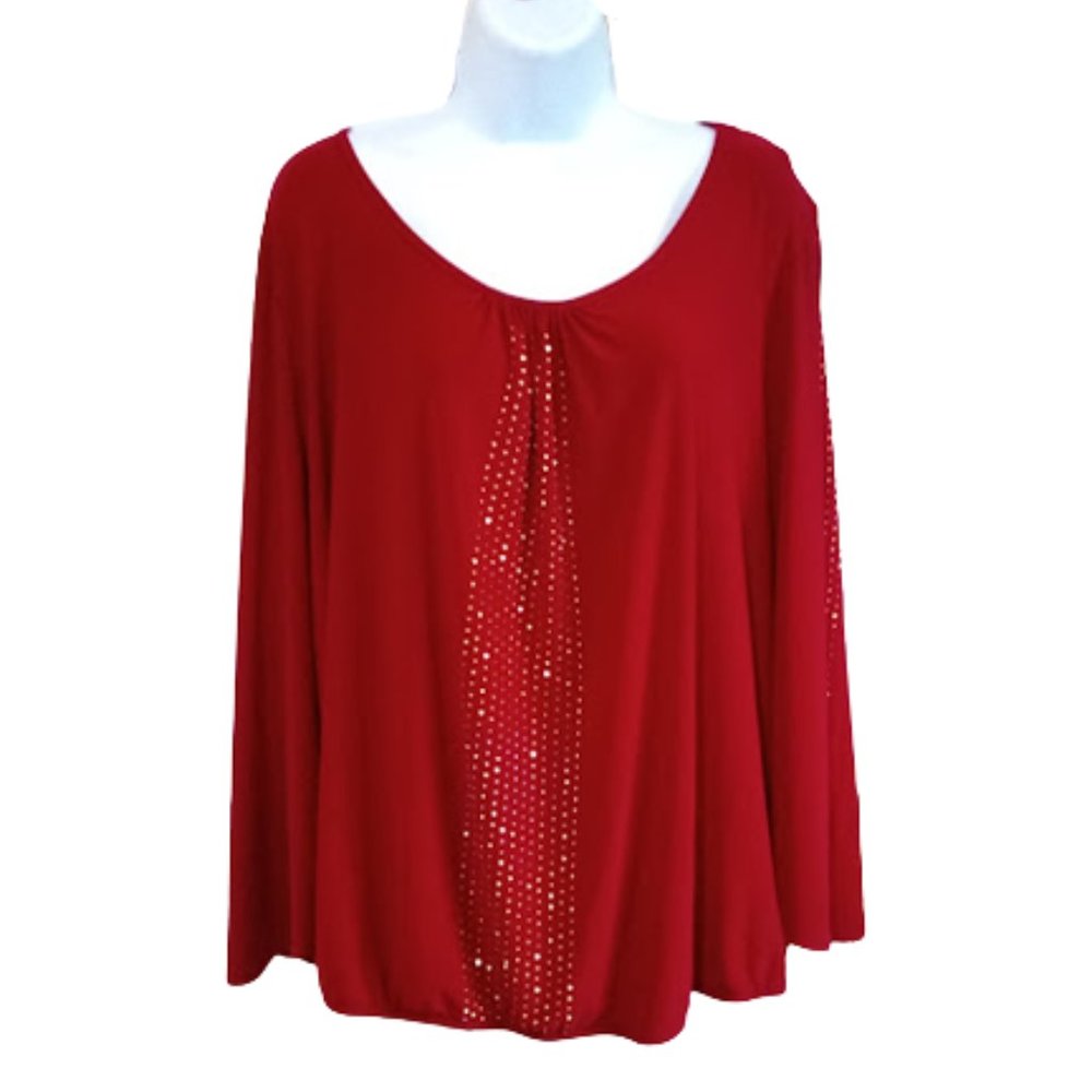 LAURA PLUS PETITE Red Blousy Top w Glitters and Opened Shoulders 3X ---